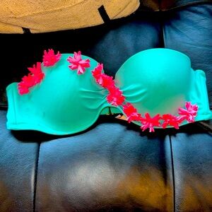 Victoria Secret Blue and Pink Flower Strapless Bathing Suit Top